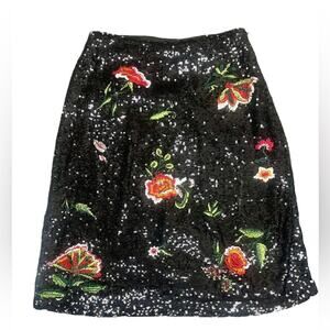Maeve Black Sequin Pencil Skirt with Floral Embroidery